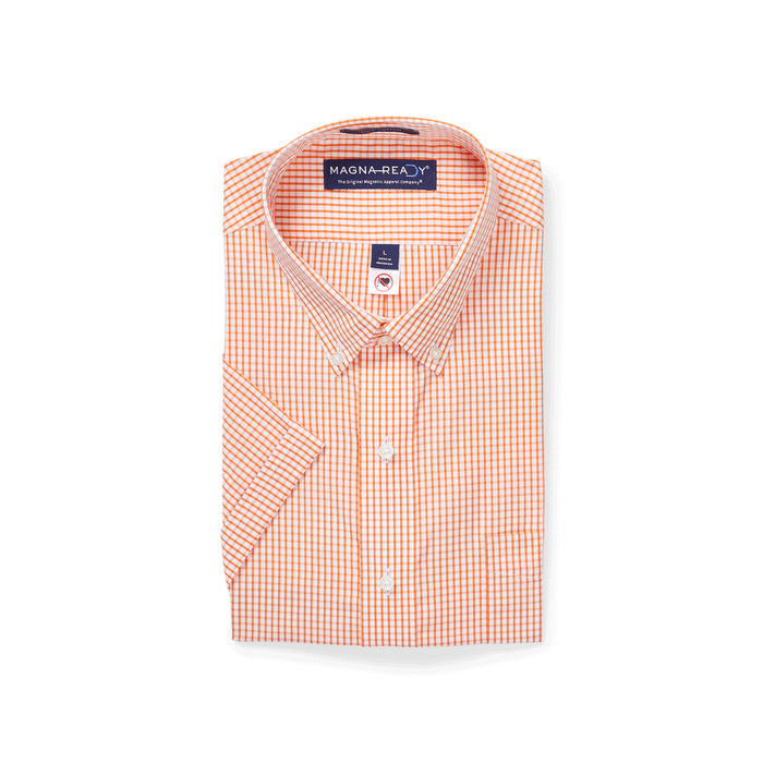 MagnaReady Short Sleeve Orange and White Gingham Cotton Shirt with Magnetic Closures - magnetic closure detail