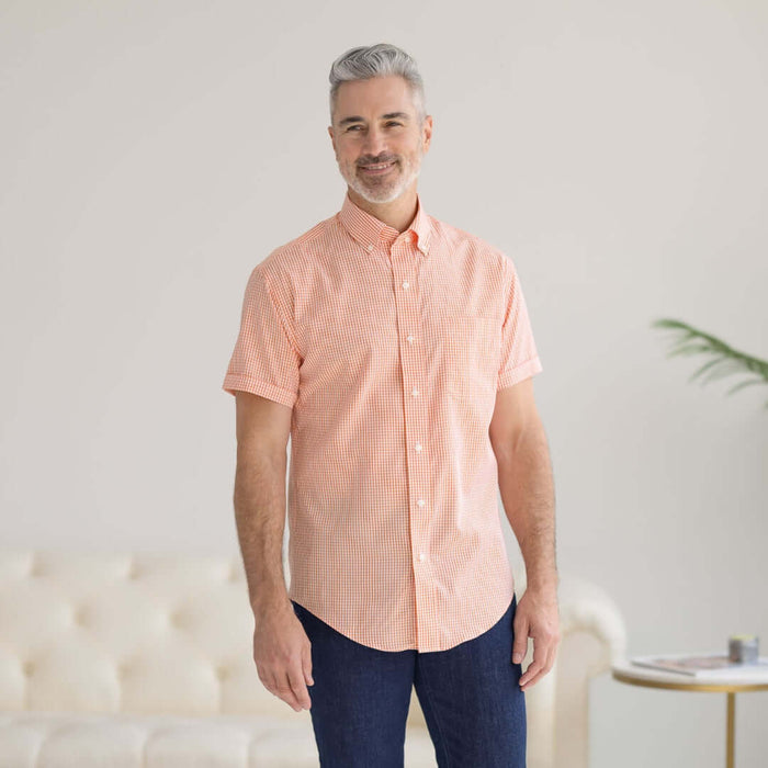 MagnaReady Short Sleeve Orange and White Gingham Cotton Shirt with Magnetic Closures - adaptive design detail