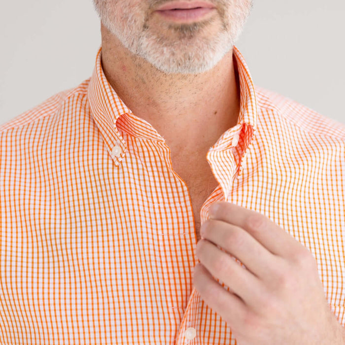 MagnaReady Short Sleeve Orange and White Gingham Cotton Shirt with Magnetic Closures - worn by man with adaptive needs
