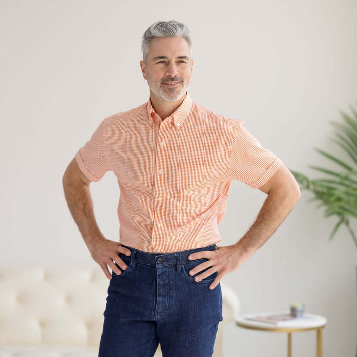 MagnaReady Short Sleeve Orange and White Gingham Cotton Shirt with Magnetic Closures - adaptive design detail