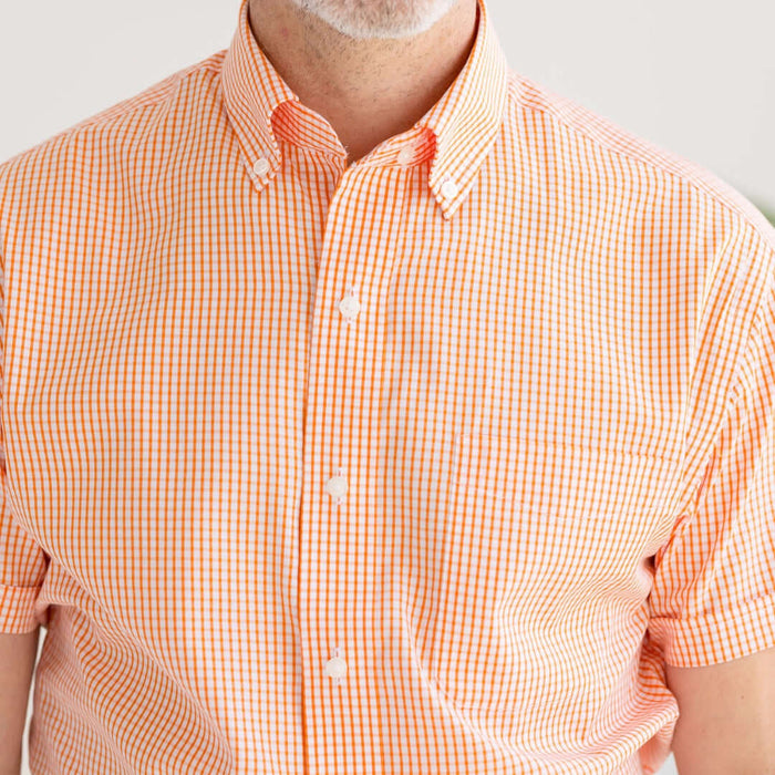 MagnaReady Short Sleeve Orange and White Gingham Cotton Shirt with Magnetic Closures - worn by man with adaptive needs