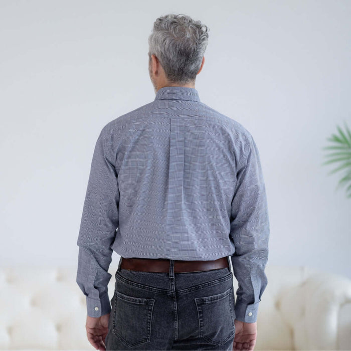 MagnaReady Stretch Long Sleeve Navy Plaid Button Down Collar Shirt with Magnetic Closures - back view
