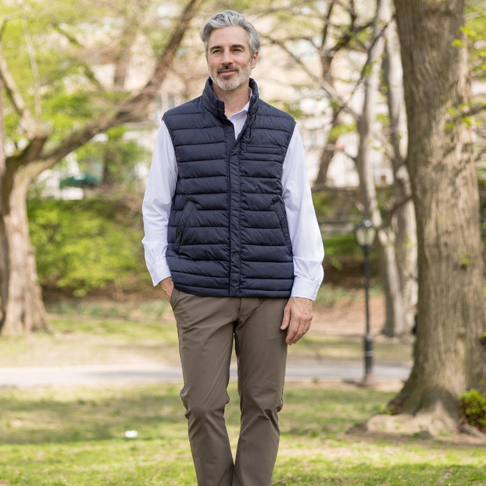 MagnaReady Weatherproof Puffer Magnetic Front Vest in Navy - lifestyle shot