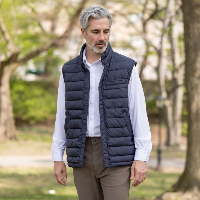 MagnaReady Weatherproof Puffer Magnetic Front Vest in Navy - lifestyle shot