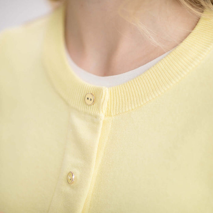 MagnaReady Women's Yellow Adaptive Magnetic Knit Cardigan Sweater - worn showing fashion and convenience for limited mobility