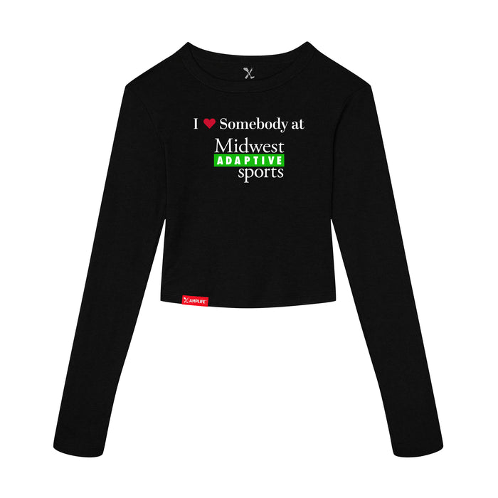 MAS Kansas City Advantage Wheelchair Tennis I Love Somebody at MAS Women's Black Crop Long Sleeve T-Shirt on a white background