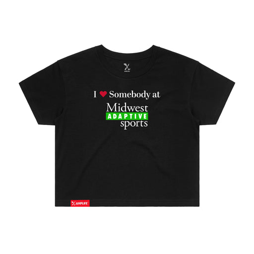 MAS Kansas City Advantage Wheelchair Tennis I Love Somebody at MAS Women's Black Crop T-Shirt on a white background
