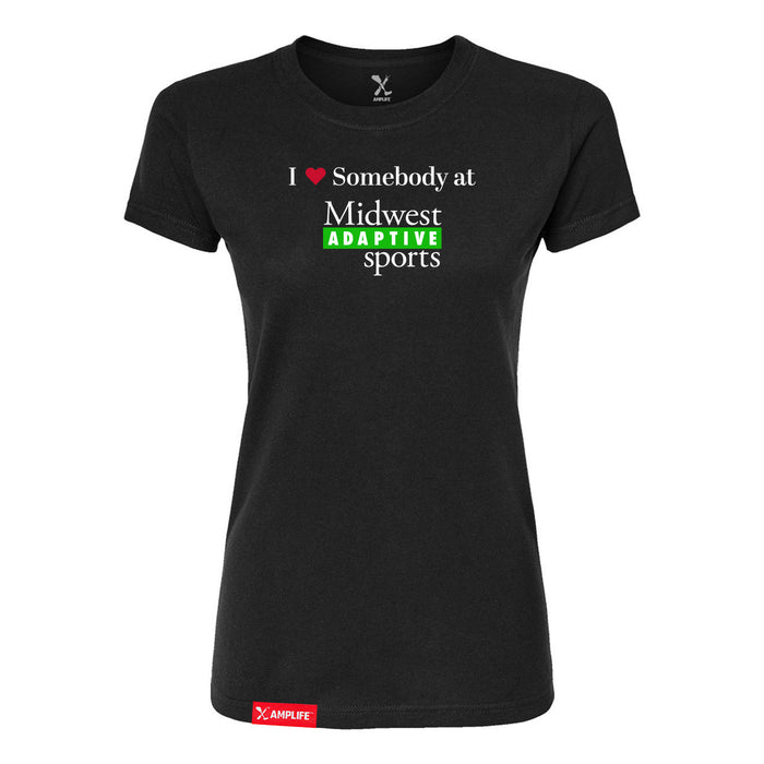 MAS Kansas City Advantage Wheelchair Tennis I Love Somebody at MAS Women's Black Slim T-Shirt on a white background