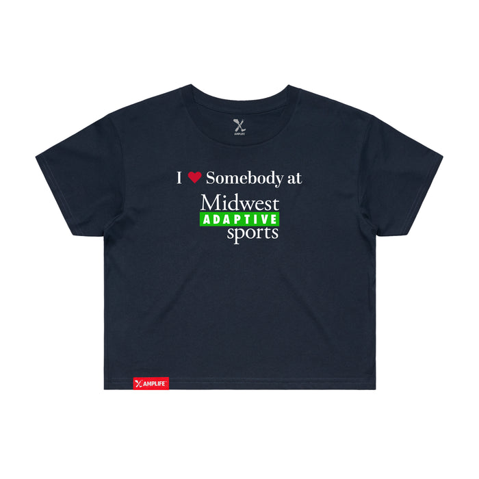 MAS Kansas City Advantage Wheelchair Tennis I Love Somebody at MAS Women's Navy Crop T-Shirt on a white background