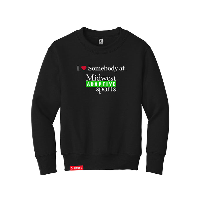 MAS Kansas City Advantage Wheelchair Tennis I Love Somebody at MAS Youth Black Crewneck Sweatshirt on a white background