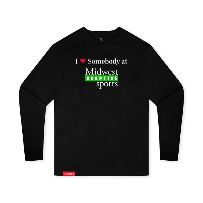 MAS Kansas City Advantage Wheelchair Tennis I Love Somebody at MAS Youth Black Long Sleeve T-Shirt on a white background