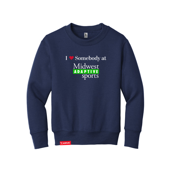 MAS Kansas City Advantage Wheelchair Tennis I Love Somebody at MAS Youth Navy Crewneck Sweatshirt on a white background