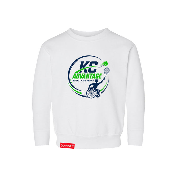 MAS Kansas City Advantage Wheelchair Tennis Circle Logo Toddler White Crewneck Sweatshirt on a white background