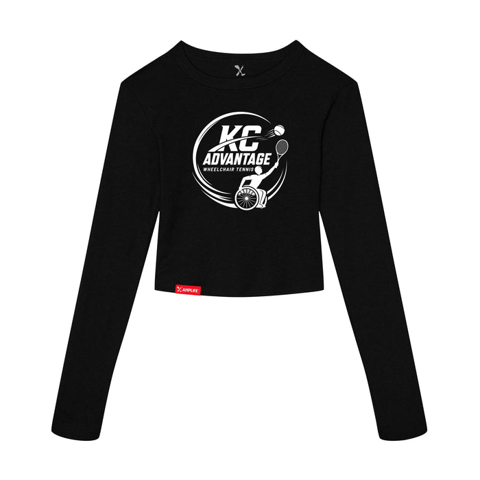 MAS Kansas City Advantage Wheelchair Tennis Circle Logo Women's Black Crop Long Sleeve T-Shirt on a white background
