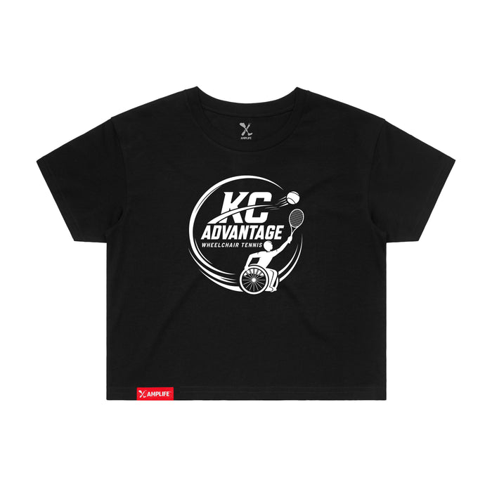 MAS Kansas City Advantage Wheelchair Tennis Circle Logo Women's Black Crop T-Shirt on a white background