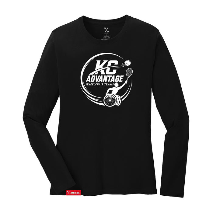 MAS Kansas City Advantage Wheelchair Tennis Circle Logo Women's Black Long Sleeve T-Shirt on a white background