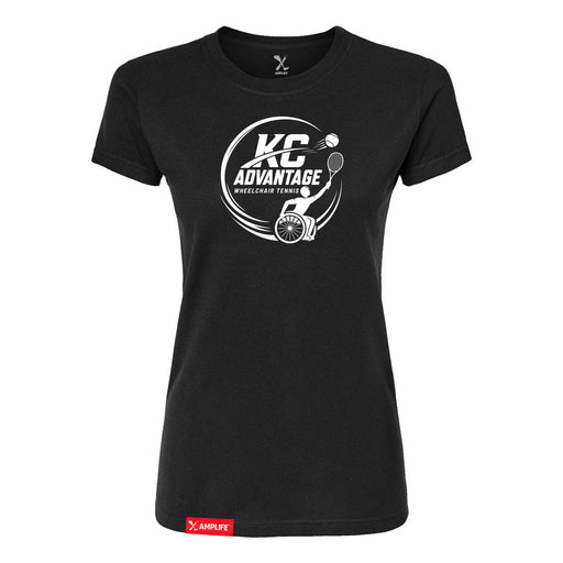 MAS Kansas City Advantage Wheelchair Tennis Circle Logo Women's Black Slim T-Shirt on a white background
