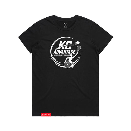 MAS Kansas City Advantage Wheelchair Tennis Circle Logo Women's Black T-Shirt on a white background