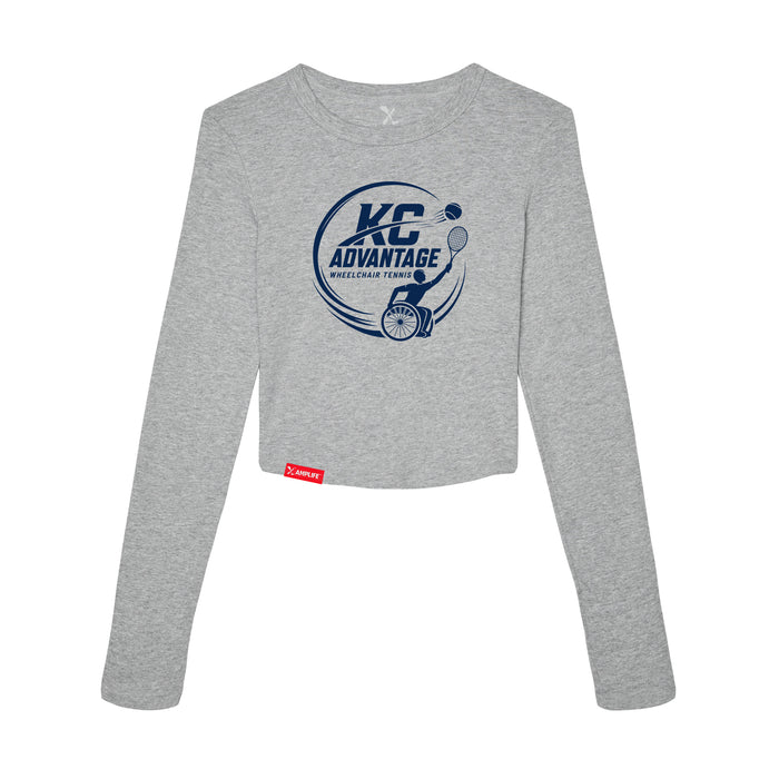 MAS Kansas City Advantage Wheelchair Tennis Circle Logo Women's Heather Grey Crop Long Sleeve T-Shirt on a white background