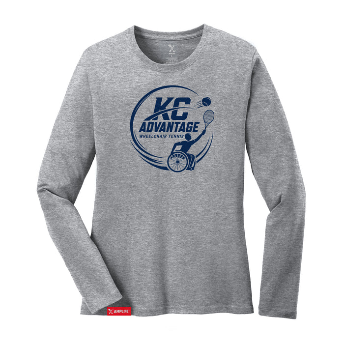 MAS Kansas City Advantage Wheelchair Tennis Circle Logo Women's Heather Grey Long Sleeve T-Shirt on a white background