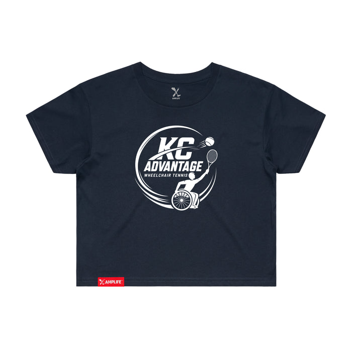 MAS Kansas City Advantage Wheelchair Tennis Circle Logo Women's Navy Crop T-Shirt on a white background