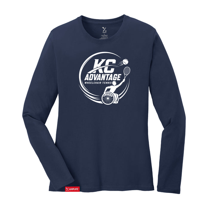 MAS Kansas City Advantage Wheelchair Tennis Circle Logo Women's Navy Long Sleeve T-Shirt on a white background
