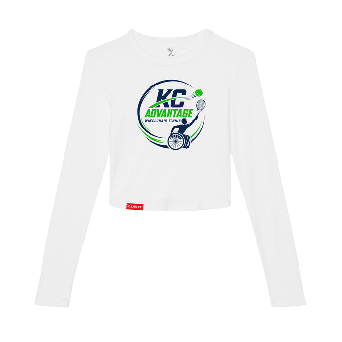 MAS Kansas City Advantage Wheelchair Tennis Circle Logo Women's White Crop Long Sleeve T-Shirt on a white background
