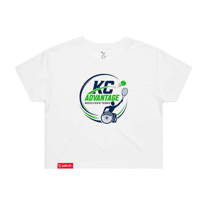 MAS Kansas City Advantage Wheelchair Tennis Circle Logo Women's White Crop T-Shirt on a white background
