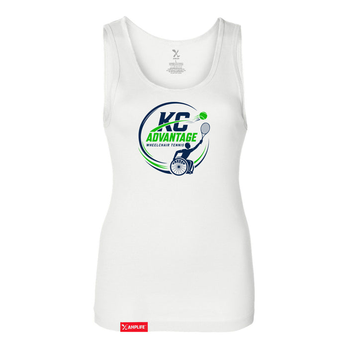MAS Kansas City Advantage Wheelchair Tennis Circle Logo Women's White Slim Micro Rib Tank Top on a white background