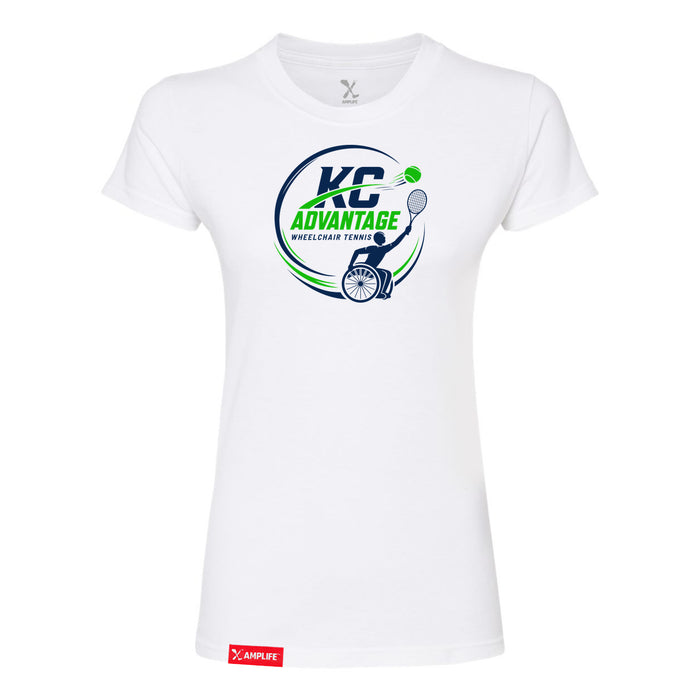 MAS Kansas City Advantage Wheelchair Tennis Circle Logo Women's White Slim T-Shirt on a white background