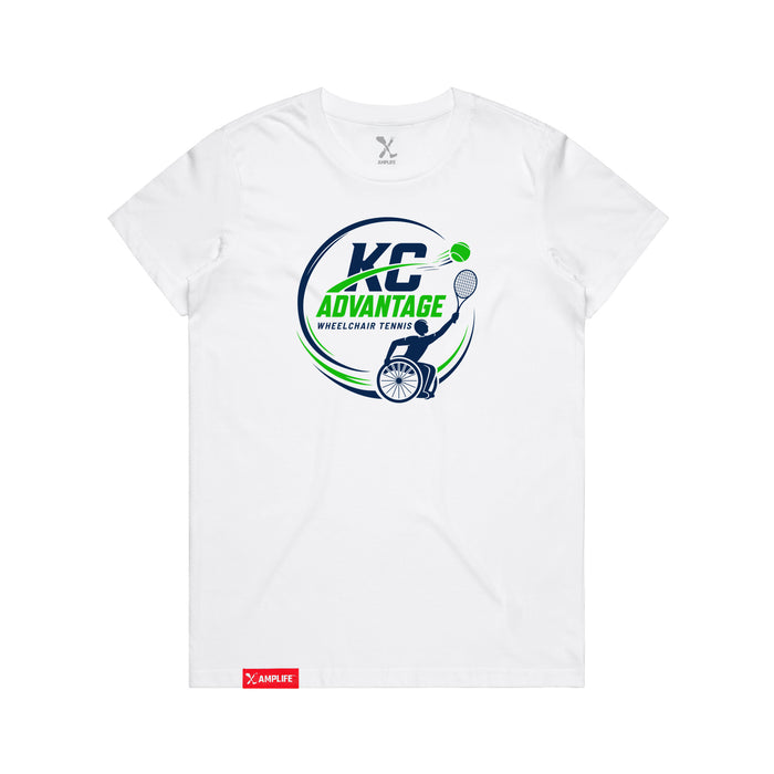 MAS Kansas City Advantage Wheelchair Tennis Circle Logo Women's White T-Shirt on a white background