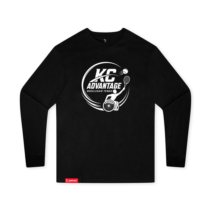 MAS Kansas City Advantage Wheelchair Tennis Circle Logo Youth Black Long Sleeve T-Shirt on a white background