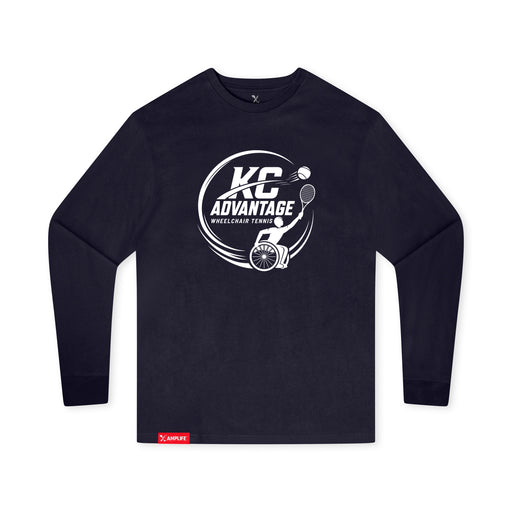 MAS Kansas City Advantage Wheelchair Tennis Circle Logo Youth Navy Long Sleeve T-Shirt on a white background