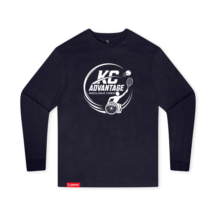 MAS Kansas City Advantage Wheelchair Tennis Circle Logo Youth Navy Long Sleeve T-Shirt on a white background