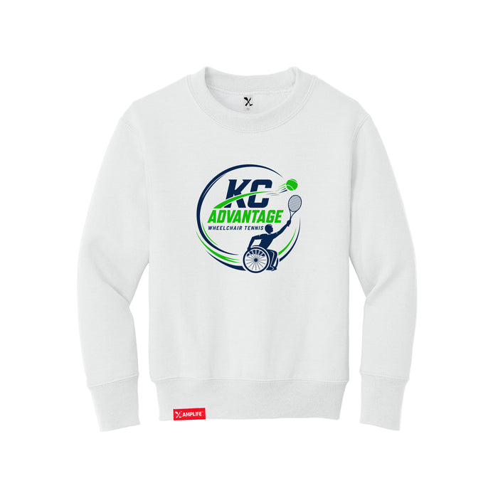MAS Kansas City Advantage Wheelchair Tennis Circle Logo Youth White Crewneck Sweatshirt on a white background