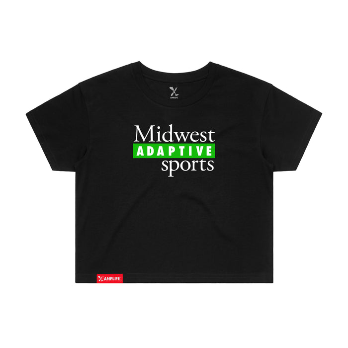 MAS Kansas City Advantage Wheelchair Tennis MAS Logo Women's Black Crop T-Shirt on a white background