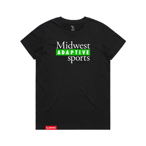 MAS Kansas City Advantage Wheelchair Tennis MAS Logo Women's Black T-Shirt on a white background