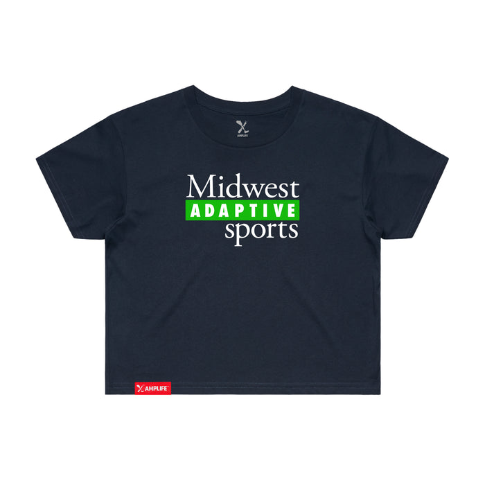 MAS Kansas City Advantage Wheelchair Tennis MAS Logo Women's Navy Crop T-Shirt on a white background