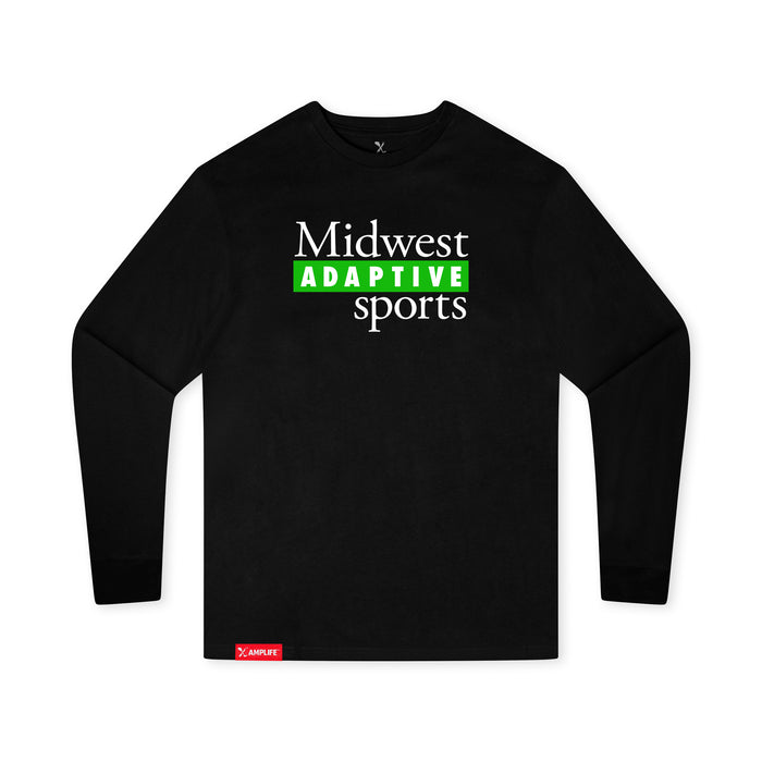MAS Kansas City Advantage Wheelchair Tennis MAS Logo Youth Black Long Sleeve T-Shirt on a white background
