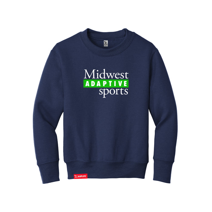 MAS Kansas City Advantage Wheelchair Tennis MAS Logo Youth Navy Crewneck Sweatshirt on a white background