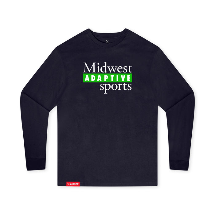 MAS Kansas City Advantage Wheelchair Tennis MAS Logo Youth Navy Long Sleeve T-Shirt on a white background