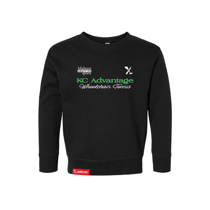 MAS Kansas City Advantage Wheelchair Tennis Script Toddler Black Crewneck Sweatshirt on a white background