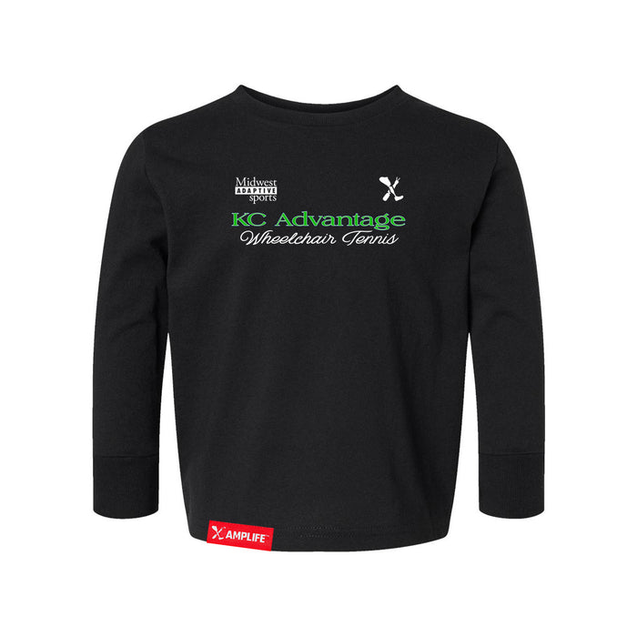 MAS Kansas City Advantage Wheelchair Tennis Script Toddler Black Long Sleeve T-Shirt on a white background