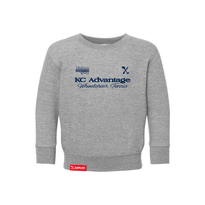 MAS Kansas City Advantage Wheelchair Tennis Script Toddler Heather Grey Crewneck Sweatshirt on a white background