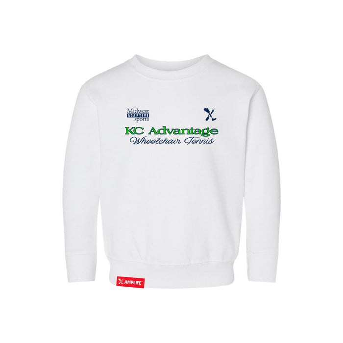 MAS Kansas City Advantage Wheelchair Tennis Script Toddler White Crewneck Sweatshirt on a white background