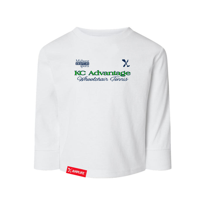 MAS Kansas City Advantage Wheelchair Tennis Script Toddler White Long Sleeve T-Shirt on a white background