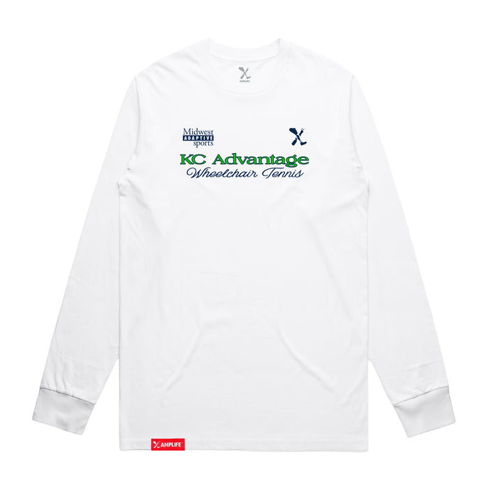 MAS Kansas City Advantage Wheelchair Tennis Script White Long Sleeve T-Shirt on a white background