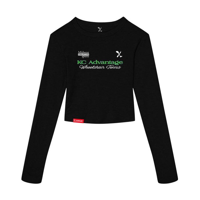 MAS Kansas City Advantage Wheelchair Tennis Script Women's Black Crop Long Sleeve T-Shirt on a white background