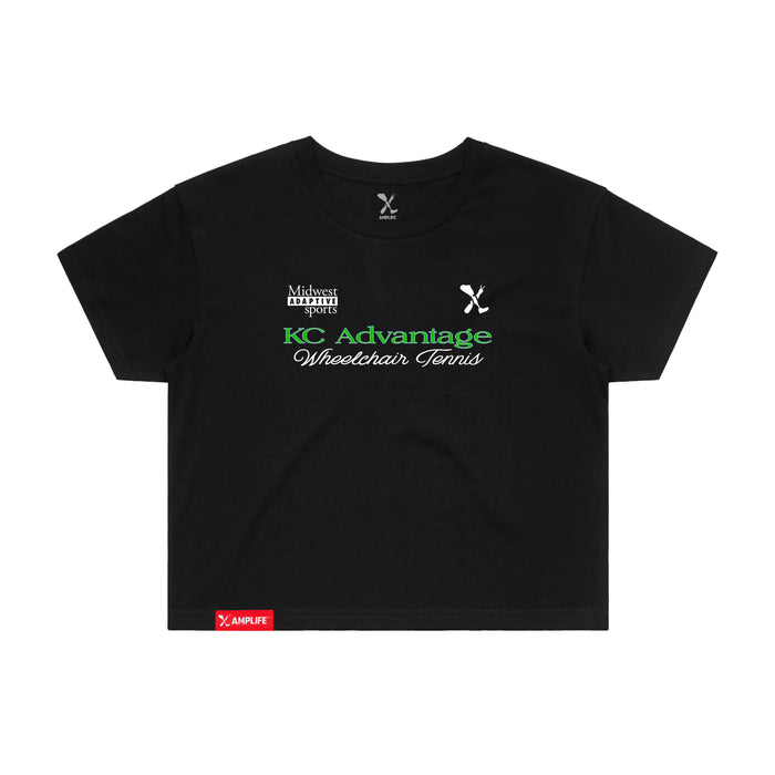 MAS Kansas City Advantage Wheelchair Tennis Script Women's Black Crop T-Shirt on a white background