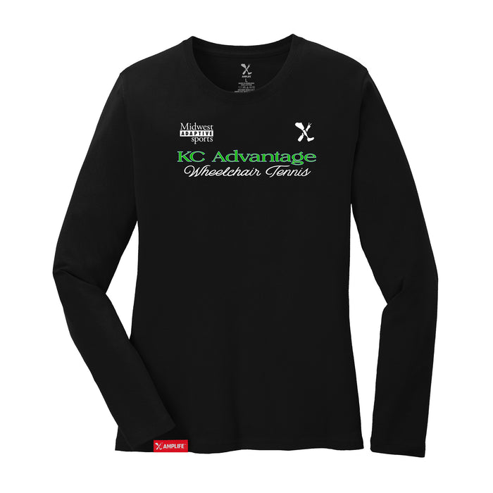 MAS Kansas City Advantage Wheelchair Tennis Script Women's Black Long Sleeve T-Shirt on a white background